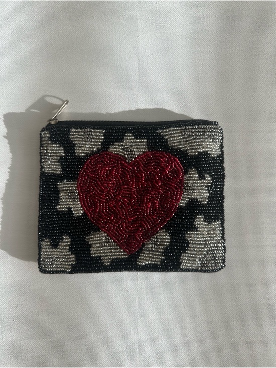 Handbags - Beaded Heart Zip Pouch - Black, Silver & Red